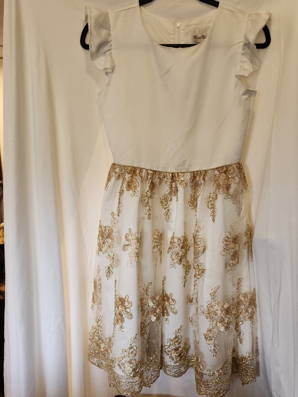 Rare Editions White Dress with Gold Floral Embroidery